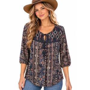Style & Co Embroidered Peasant Top Size LP Large Dusty Blue Pink Aztec Boho